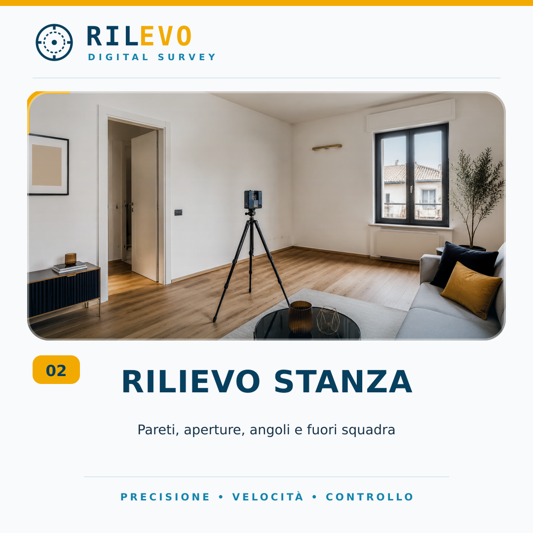 Rilievo digitale completo di una stanza reale con strumento su treppiede